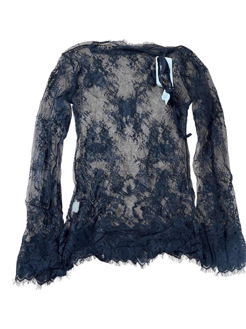 Shirley Top Womens S Black Lace Sheer Long Sleeve Scallop Hem Clubwear